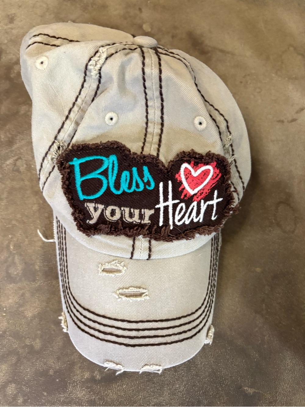KBETHOS Taupe Distressed Baseball Cap with Teal Embroidery